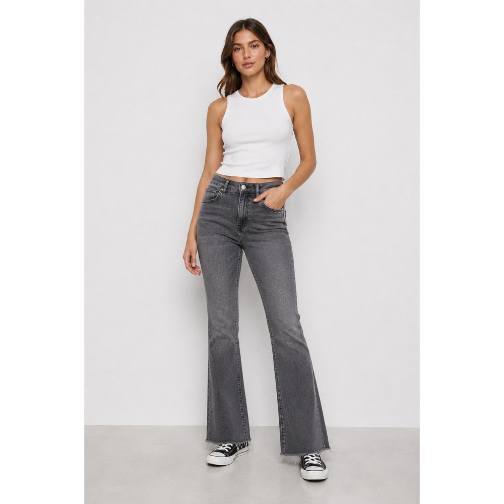 H&M &Denim High Rise Flare Jeans Women's Size 8 Gray Raw Hem Stretch Denim